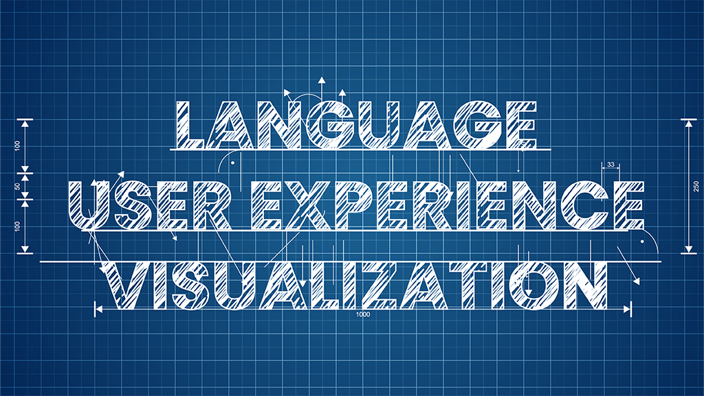 Image depicting the elements of language, user experience, and visualization in the context of storyboarding, with words and symbols representing each concept.