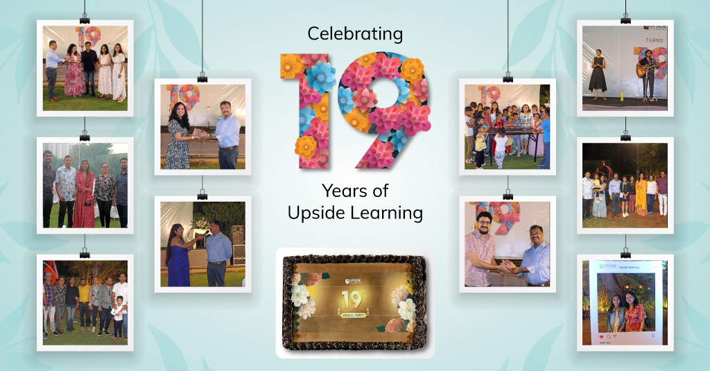 Team members and their families celebrating Upside Learning's 19th Annual Party in a vibrant and beautifully decorated venue with a floral theme. Children enjoying fun activities, while the CEO presents awards, and everyone cuts the cake, making unforgettable memories.