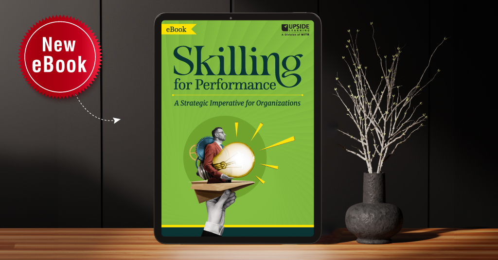 eBook cover for 'Skilling for Performance: A Strategic Imperative for Organizations' featuring a dynamic graphic illustrating the importance of skill development in adapting to future challenges.