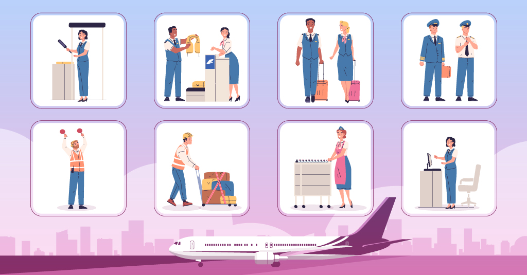 Banner emphasizing the importance of eLearning in the airlines industry, featuring images of airline staff in various roles—such as cabin crew, maintenance, and ground operations—illustrating the impact of effective training on safety and efficiency